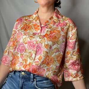 Vintage 70s pink roses print floral 1/2 sleeve blouse button-down top rose‎ L